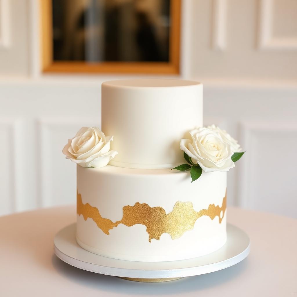 Bolo de casamento branco com detalhes dourados