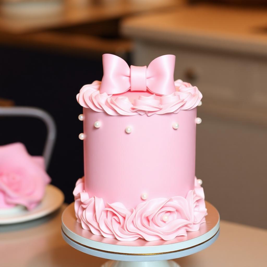 Bolo rosa com laço e pérolas